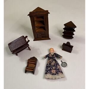 Vintage Doll House Furniture Lot With Doll And Cabinet That Can Be Opened.